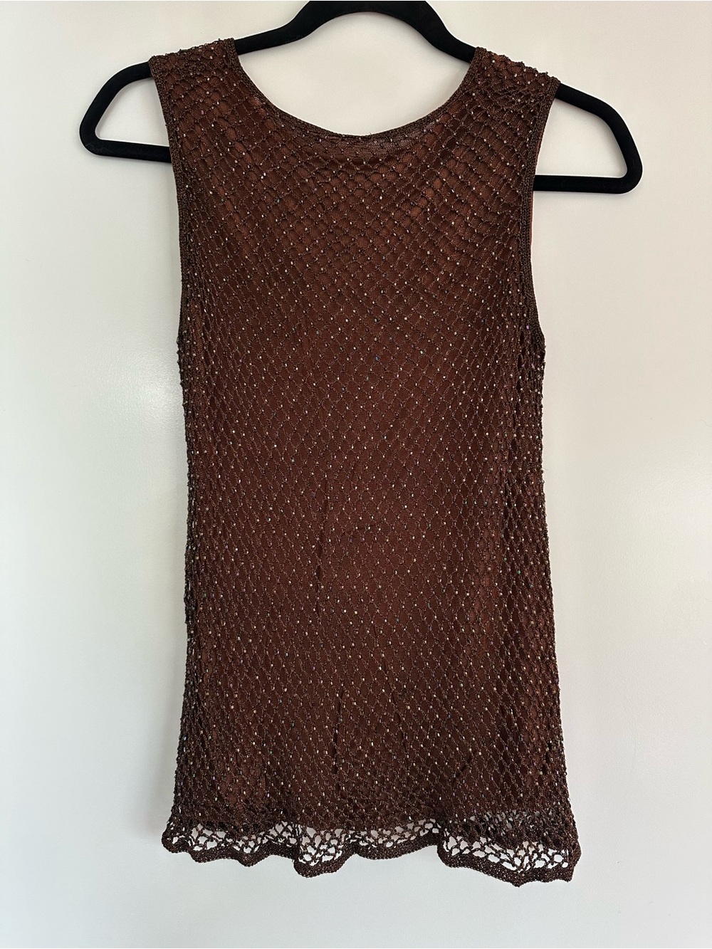 Y2K 90s BROWN BEADED CROCHET TANK | SHEER LINED | EUC | SZ S | FESTIVAL DAINTY